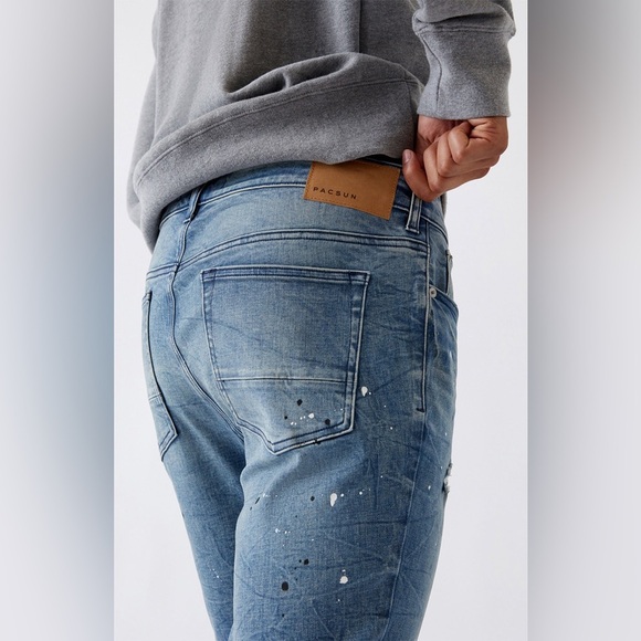 PacSun Mens Blue Ripped Splatter Stacked Skinny Jeans 32x30 - Picture 5 of 9